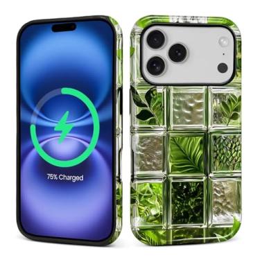 Imagem de Kapadiy Capa magnética para iPhone 17 Pro, design de folhas de planta de vidro verde compatível com MagSafe Hybrid Dual Protection Silicone + capa protetora de policarbonato rígido à prova de choque
