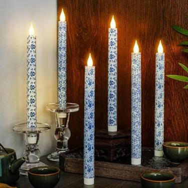 Imagem de 6 peças de velas LED sem chama chinoiserie – velas de porcelana azul e branca operadas por bateria, velas sem chama para decoração azul e branca para casamento, festa, banquete (pilhas não incluídas)