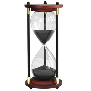 Imagem de Temporizador de areia de ampulheta com base de madeira, temporizador de vidro de 30 minutos, decoração de mesa de escritório de areia preta, presente vintage para estudo em casa, ornamento