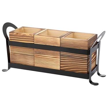 Imagem de Organizador de utensílios de cozinha, organizador de madeira de 3 seções com moldura de metal, suporte de bancada conveniente com alças laterais para facilitar o movimento, perfeito para armazenamento