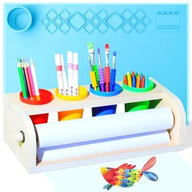 Imagem de Arfetigo Dispensador de rolo de papel de mesa infantil, cavalete de arte infantil, cavalete para crianças, conjunto de pintura de mesa infantil, conjunto premium de mesa (azul)