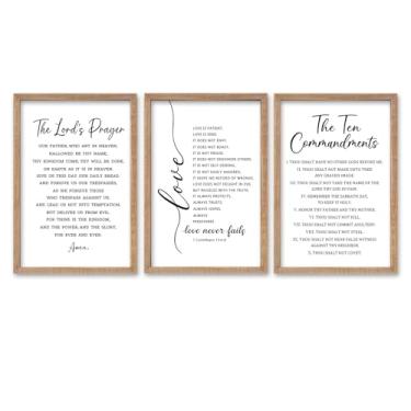 Imagem de SRSZHIYUE Conjunto emoldurado de versículo bíblico com 3 placas de arte de parede 40,6 cm × 61 cm citações A oração cristã do Senhor e o amor é paciente e dez mandamentos decoração das escrituras