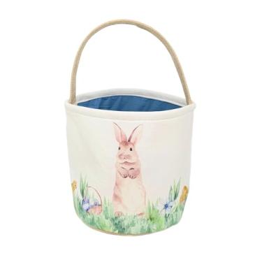 Imagem de Cesta de Páscoa com design de coelho em aquarela, grande serapilheira de 22 x 23 cm, interior forrado rosa ou azul para caça de ovos de Páscoa e decoração de primavera (azul)