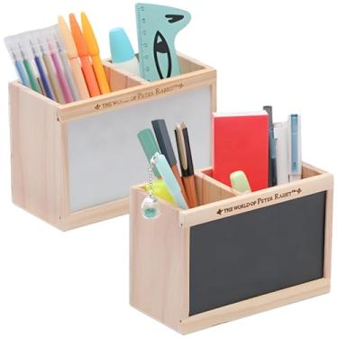 Imagem de 2 organizadores de mesa de madeira com quadro-negro e painéis brancos, compartimentos duplos de armazenamento para canetas, marcadores, tesouras e materiais de escritório