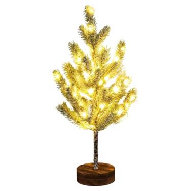 Imagem de Lâmpada LED de pinheiro, árvore de Natal de 20 mesas com suporte de madeira, decoração de férias alimentada por bateria, luz de ramo de pinheiro artificial para festa de Ação de Graças em casa