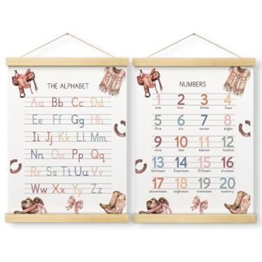 Imagem de Conjunto de 2 pôsteres do alfabeto com números de vaqueira, pôsteres ABC para crianças com molduras de madeira, pôsteres de aprendizagem para crianças de 1 a 3 anos, decoração de parede de quarto de