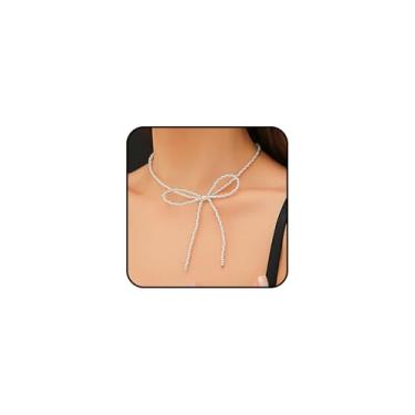 Imagem de Gargantilha feminina com laço, pérola, contas, contas redondas brancas, laço, gravata borboleta simples, acessórios estéticos, presentes, Large, Metal, Sem Pedra Preciosa