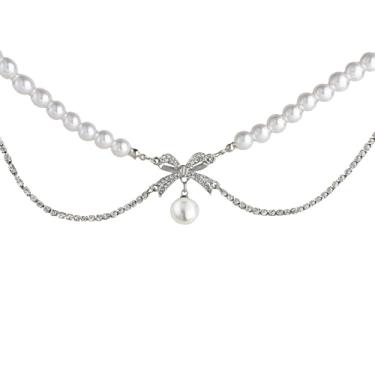 Imagem de Colar de camada dupla com laço e pingente de pérola, contas de cristal falso, liga brilhante, fecho ajustável, projetado para um estilo versátil