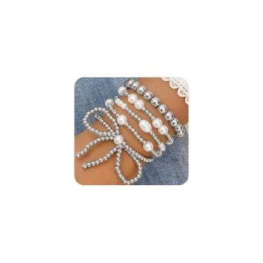 Imagem de 5 peças de pulseiras de pérolas douradas empilhadas para mulheres, conjunto moderno de pulseiras boêmias com contas estilo bownot frisado, acessórios de joias de aniversário personalizados, presentes