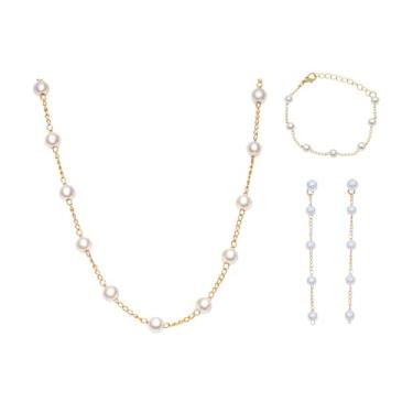 Imagem de Conjunto de joias de pérolas banhadas a ouro 14K para mulheres, colar delicado, brincos, pulseiras, presentes de festa de casamento, presentes de aniversário com detalhes prateados, Universal size