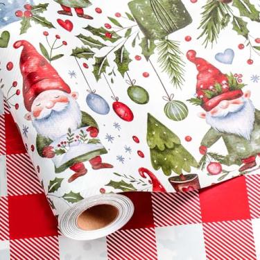 Imagem de MAYPLUSS Rolo de papel de embrulho de Natal - 43 cm x 85 m - Papel de embrulho com bola de Natal Papai Noel xadrez reversível para crianças, férias, ano novo