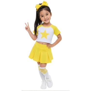 Imagem de Total 2550 Vestido infantil para meninas fantasia de líder de torcida uniforme de líder de torcida manga estrela de Halloween (amarelo brilhante/branco, P/3-5)