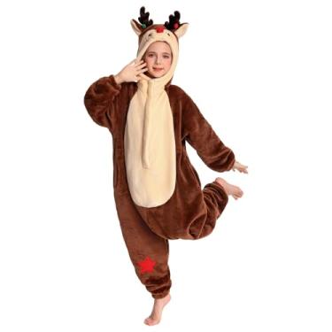 Imagem de OLAOLA Macacão infantil de animal, unissex, pijama de cosplay de pelúcia para meninas e meninos, fantasia de Halloween de uma peça, Rena, 7-9 Anos