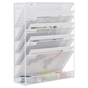 Imagem de EasyPAG Suporte de arquivo de parede de 5 camadas, organizador de pastas suspensas de malha com etiqueta de classificação, suporte de arquivo de mesa versátil, organizador vertical de parede para