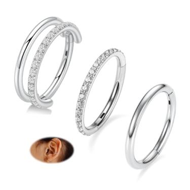 Imagem de FUNLMO Conch Helix Tragus Rook Daith Piercing Joia Brinco de cartilagem 16G Anéis de nariz Anéis de Septo Aço Cirúrgico 316L Argola Dupla Anel de Nariz 12 mm Prata