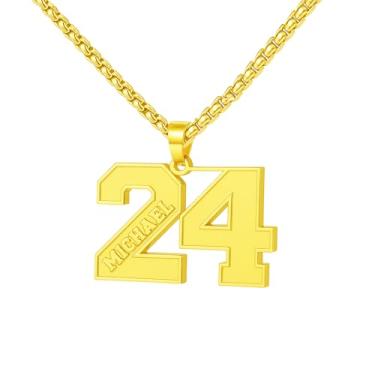 Imagem de Ldurian Colar com nome de número personalizado, pingente de corrente de número esportivo para homens, colares de nome de atletas personalizados 00-99 preto presente de aço inoxidável para homens
