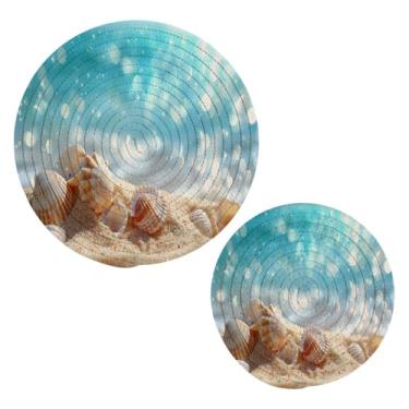 Imagem de Blueangle 2 peças de suporte de panela de praia tropical bonito - conjunto de pegadores de panela de tecido redondo - almofadas quentes trançadas de algodão - porta-copos - tapetes de mesa para
