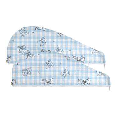 Imagem de SEHANY Linda toalha de cabelo de microfibra com laço azul para mulheres, 2 peças, turbantes de cabelo de secagem rápida com botão, touca de cabelo seco absorvente toalha de secagem de cabelo para