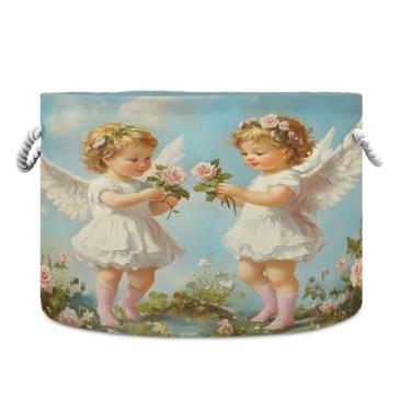 Imagem de SEHANY Cesto de armazenamento redondo grande com alça de corda, cesto de roupa suja de lona para armazenamento de cobertores, cesta de armazenamento infantil para quarto de banho, decoração de