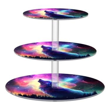 Imagem de Blueangle Suporte redondo de cupcake de 3 camadas – Torre de sobremesa de acrílico Aurora Boreal Lobo, suporte de sobremesa em camadas antiderrapante para chá de bebê, aniversário, festa de casamento