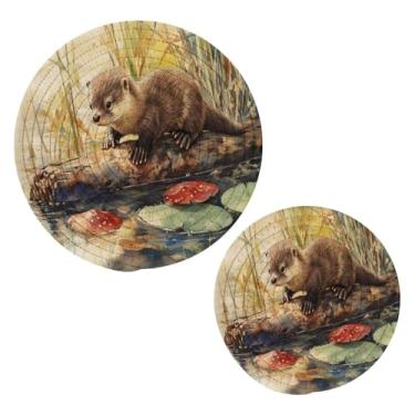 Imagem de Blueangle 2 peças de suporte de panela de lontra fofo - conjunto de pegadores de panela de tecido redondo - almofadas quentes trançadas de algodão - porta-copos - tapetes de mesa para cozinhar e assar