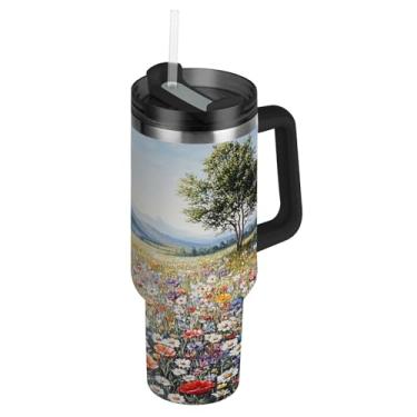 Imagem de Blueangle Copo de campo margaridas de 1,134 g com alça e tampa de palha, caneca de viagem de aço inoxidável isolada a vácuo de parede dupla, garrafa de água reutilizável para academia de escritório ao