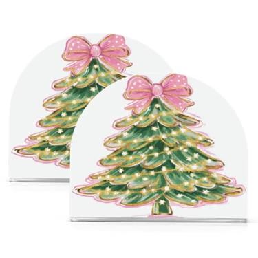 Imagem de ATTX Pacote com 2 porta-guardanapos de Natal de acrílico com design de arco rosa de árvore de Natal - Organizador de mesa decorativo para cozinha, restaurante, decoração de férias de casa #771