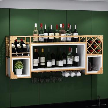 Imagem de HGTRH Rack de vinho industrial montado na parede com suportes de vidro a vapor, prateleira parcial de madeira, suporte de garrafa de metal preto, suporte multifuncional para armazenamento de vinho