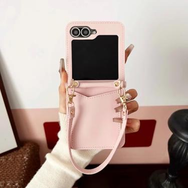 Imagem de Capa de luxo para celular Samsung Galaxy Z Flip 3 4 5 6 5g Flip6 com compartimentos para cartões e alça de mão (para Samsung Z Flip 4/Rosa)