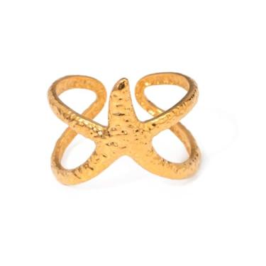 Imagem de OFC Anel de coquetel feminino moda praia estrela do mar, ajustável e aberta banhada a ouro 18 quilates de aço inoxidável empilhável delicada joia de praia de férias de verão anel de polegar moda estilo hipoalergênico (JDRW2405028)