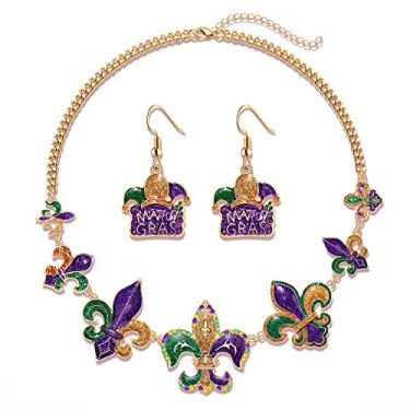 Imagem de Mardi Gras Conjunto de brincos e colar para mulheres, colar de flor de lis com glitter, colar gargantilha de carnaval, colares, chapéu de pendurado, brinco, acessório de carnaval, presente de festa, Zinco, não sabe
