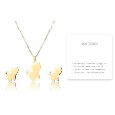 Imagem de Zurlcdye Colar de gato, brincos para mulheres, dourado, delicado, charmoso, corrente com pingente, colar, moderno, acessórios de joias de aniversário, presentes, Aço inoxidável, Sem Pedra Preciosa