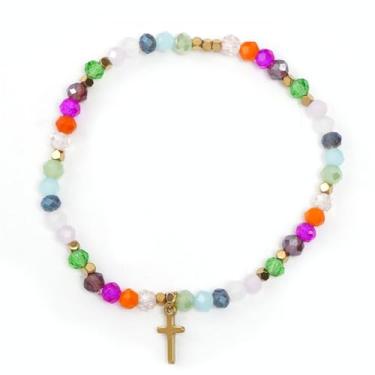 Imagem de EQUBIO Pulseira de cruz de cristal colorida com contas quadradas de hematita, joias elásticas de fé cristã, presente de batismo para mulheres