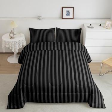 Imagem de Conjunto de edredom Queen com listras pretas e cinza, estilo simples, listrado, alternativo, decoração de quarto de adultos, tema minimalista, microfibra ultramacia, enchimento interno, 3 peças