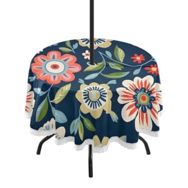 Imagem de CEBUGI Toalha de mesa redonda para uso ao ar livre, estampa floral, impermeável, com furo Umberlla, capa de mesa lavável para pátio, cozinha, sala de jantar, 152 cm