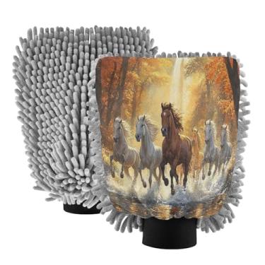 Imagem de STAYTOP Luva de microfibra para lavagem de carro com paisagem de cavalo galopante, 2 peças sem arranhões, sem fiapos, luva de microfibra de chenille premium escova para lavagem de carro - G