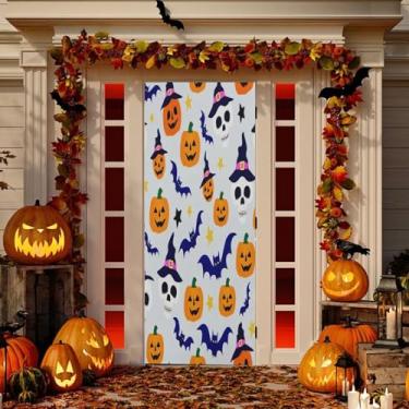 Imagem de Wassud Caveiras de Dia das Bruxas Chapéus de Bruxa Decoração de Porta Externa Faixa Interior Varanda Decoração de Casa Grande Decoração de Porta da Frente 96 x 98 Polegadas