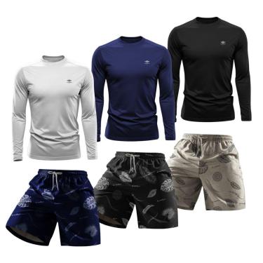 Imagem de Kit 3 Camisetas Manga Longa Dry Proteção UV e 3 Shorts Estampados Verão Praia Casual-Masculino