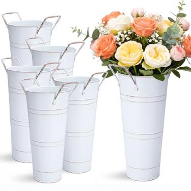 Imagem de Wowang Pacote com 6, balde de flores de 25,4 cm para barra de flores, vaso de metal galvanizado com alças, vasos de jardim, vasos de flores cortadas, decoração de casa (branco)