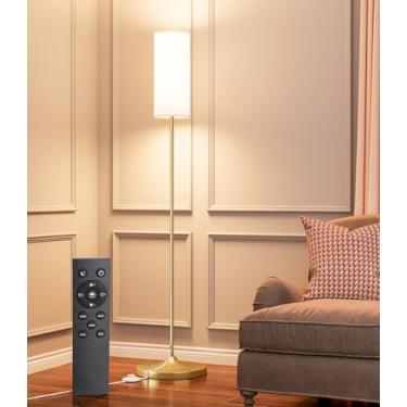 Imagem de luckystyle Candeeiro de piso LED para sala de estar, lâmpadas reguláveis com interruptor de pé, lâmpada de poste dourada de temperatura de cor personalizada com abajur, lâmpada de LED de 12 W