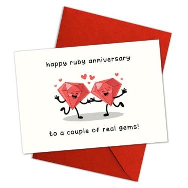Imagem de Podagree Cartão de aniversário de rubi feliz, ilustração de casal de joias dançantes fofas, doce aniversário de 40 anos, trocadilho com envelope Kraft para casais marido e esposa – 20 x 13 cm com