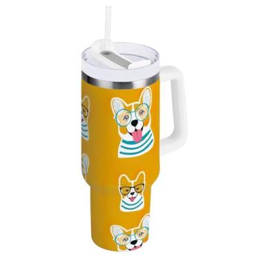 Imagem de ODAWA Copo de aço inoxidável grande com alça e palha, cachorro fofo amarelo com isolamento de outono