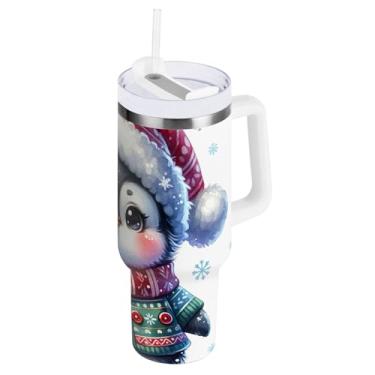 Imagem de ODAWA Copos fofos de pinguim de inverno de 850 g com alça e canudo, copos com isolamento duplo com tampa 2 em 1