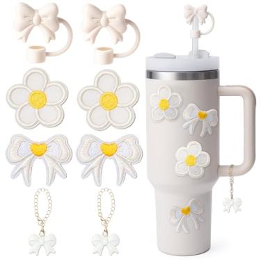 Imagem de 8 peças de acessórios para copos Stanley, acessórios Stanley | 2 peças de enfeite de canudo de laço de silicone, 2 pingentes de alça de laço, 2 peças de garrafas de água, adesivos para decoração