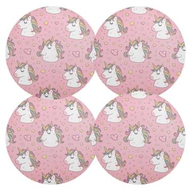 Imagem de Conjunto de 4 tapetes de jantar de PVC com corações de unicórnio rosa, 38 cm, jogo americano lavável para mesa de jantar