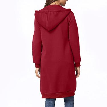 Imagem de Snsowed Nova Moda Feminina Com Capuz Longo Moletom Com Capuz Casaco Casual Bolsos Zíper Sólido Jaqueta (XXXL)