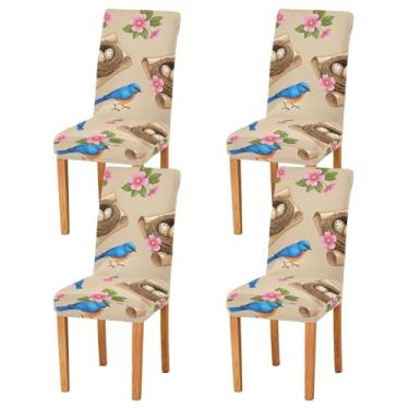 Imagem de ODAWA Conjunto de 2 capas de cadeira de jantar, capas de cadeira removíveis laváveis azuis e elastano marrom