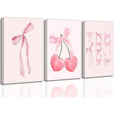 Imagem de 3 peças de arte de parede em tela com laços cor-de-rosa da moda, vintage, bonito, preppy aquarela, arcos de cereja, pintura, imagens, decoração de parede, pôsteres, impressões, estética feminina para