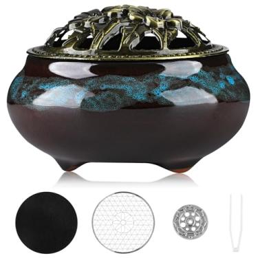 Imagem de Queimador de incenso de cerâmica feito à mão com tampa de metal – meditação zen, decoração de casa, presente espiritual, design durável e elegante para ioga, altar ou relaxar, coletor de cinzas de