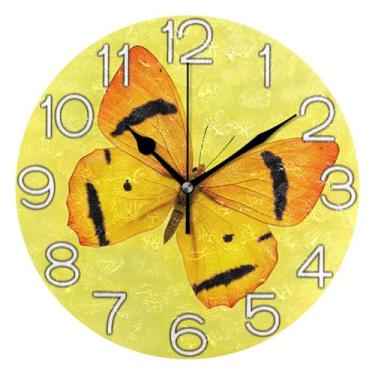 Imagem de GAIGEO Relógio de parede analógico decorativo relógio de cozinha rústico funky alimentado por bateria, decoração de parede moderna sala de estar arte borboleta amarela, 25 cm, ponteiros pretos